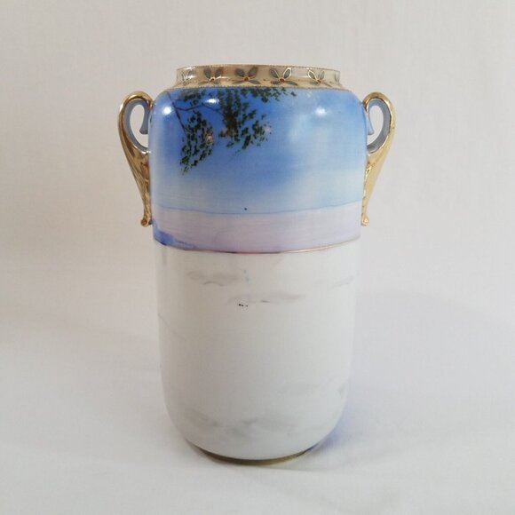 Antique Nippon 8.75" Vase Hand Painted Winter Scene Blue White Gold Tone Handles - Picture 4 of 16